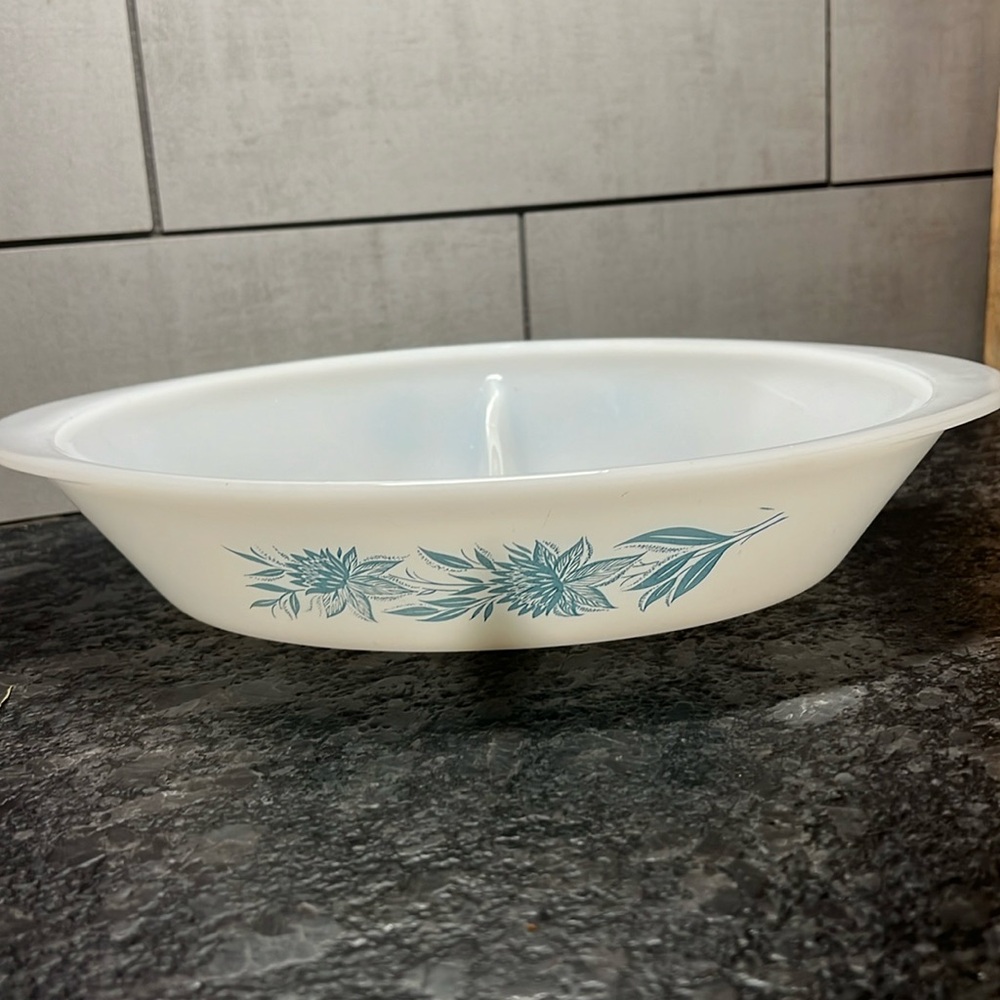 Glassbake divided baking dish. Blue Thistle 1970’s vintage. Made in USA